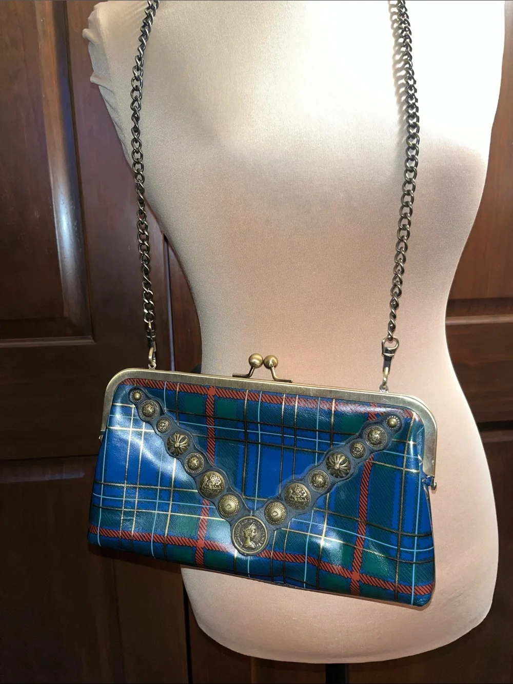 Patricia Nash Blue and Green Tartan Crossbody with Antique Coin Trim